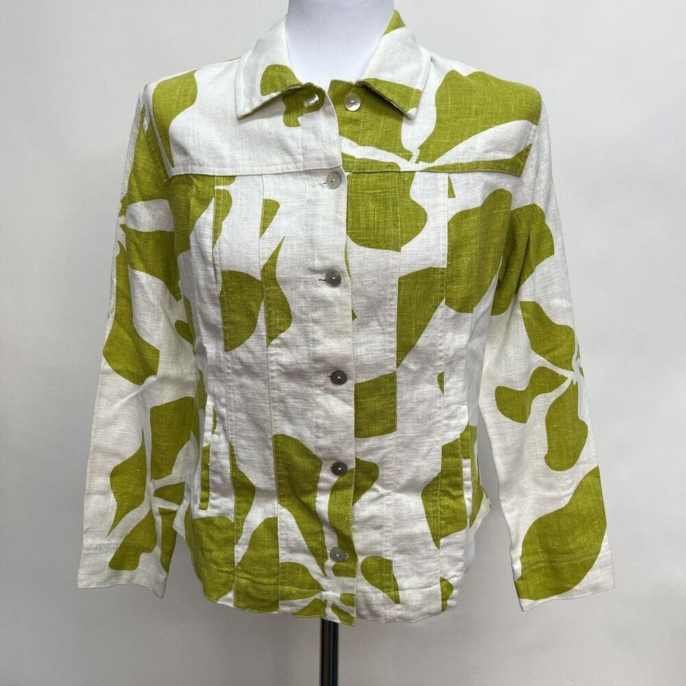 Chico's Women's Top Jacket Size 0 Small 4 White Green 100% Ramie